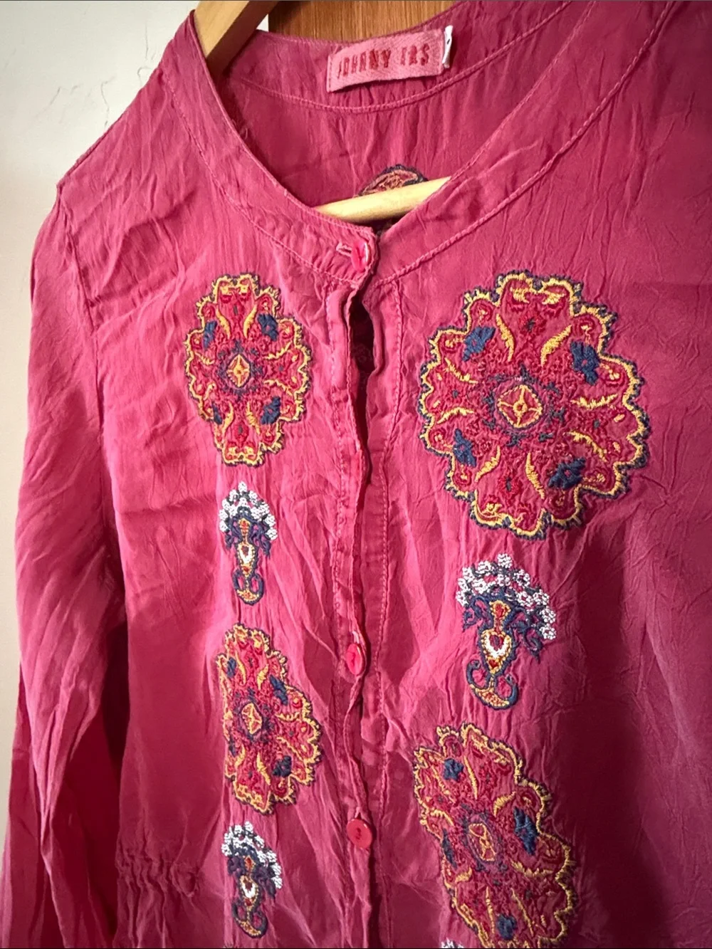 Johnny Was long sleeve Embroidered Drawstring Waist Blouse Medium, berry color